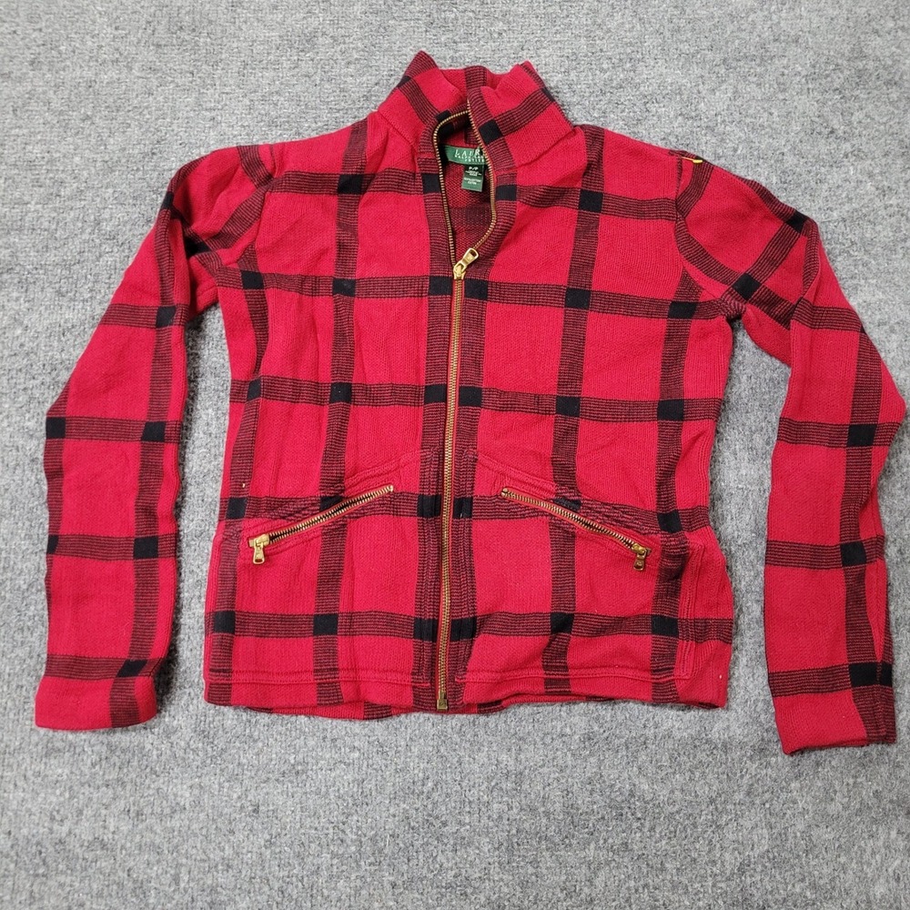 Lauren Ralph Lauren Cardigan Womens P/P Red Black Plaid Full Zip Cotton Sweater